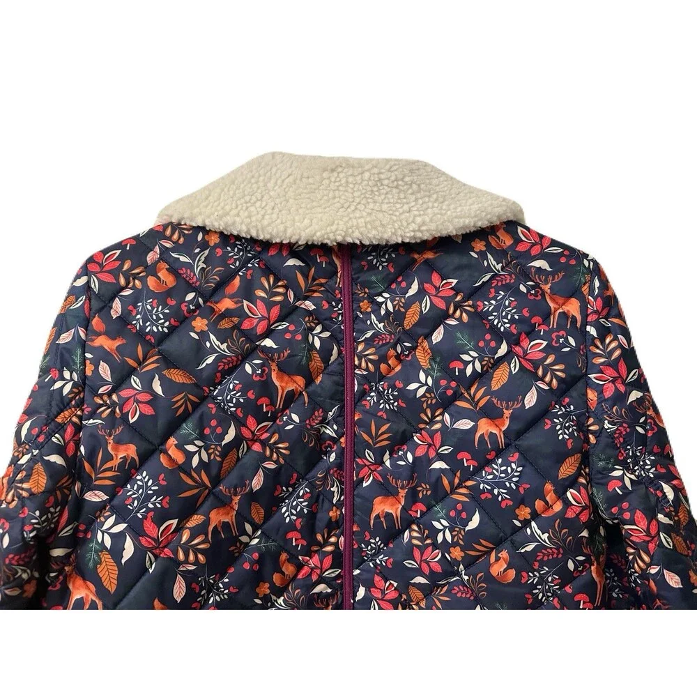 Talbots Womens Size XS Navy Ditsy Woodland Animal Print Quilted Bomber Jacket